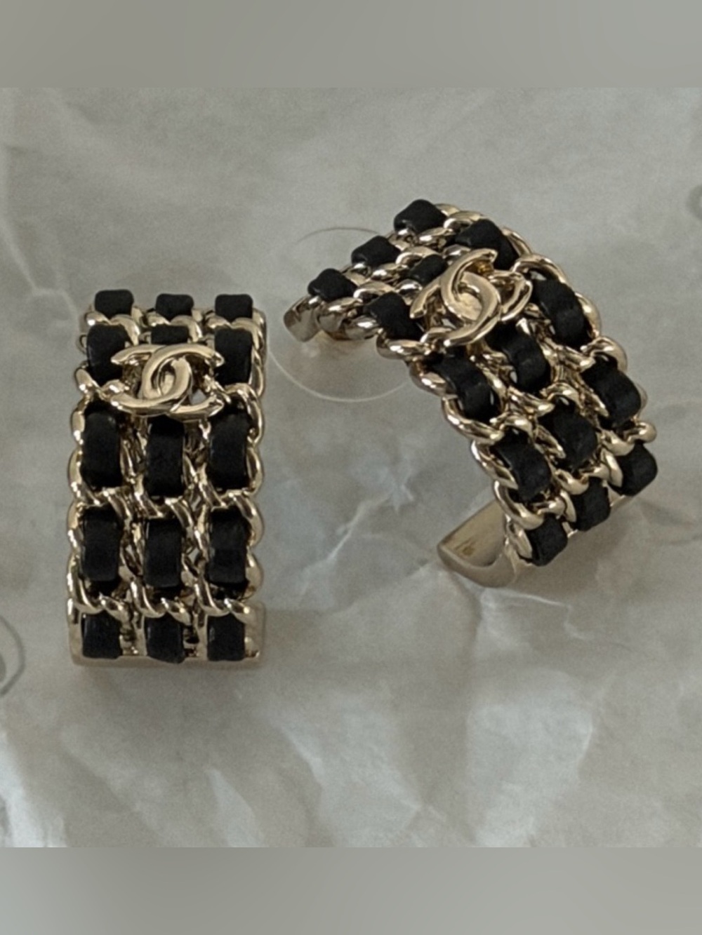 Double C Triple Chain Hoop Lambskin Leather Black Gold- Tone Earrings